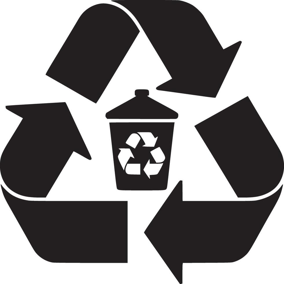 Black recycle symbol with three arrows and a trash can in the center on a white background design vector