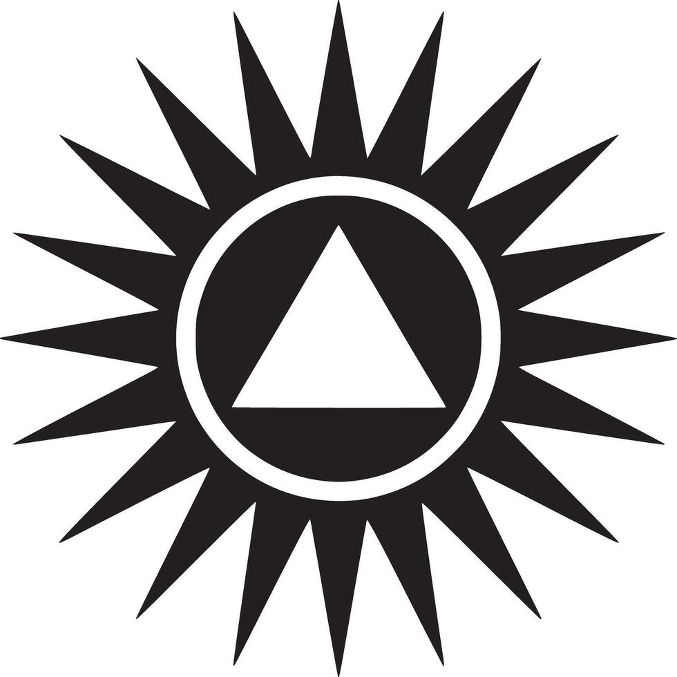 Black and white graphic design featuring a triangle inside a circle with sun like rays around it vector