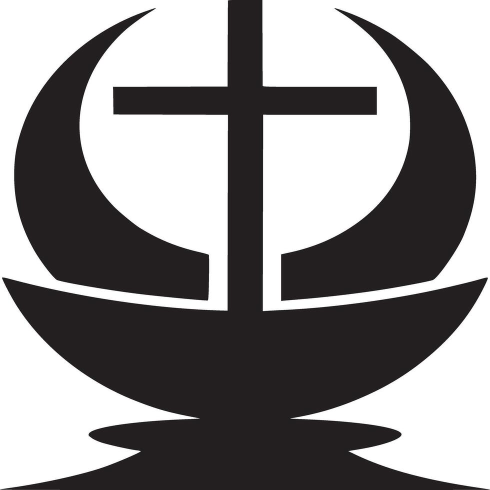 A black and white graphic design of a cross with crescent shapes on a white background design art vector