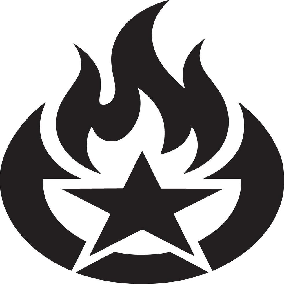 A black and white emblem featuring a star within a circle and flames above it design element vector