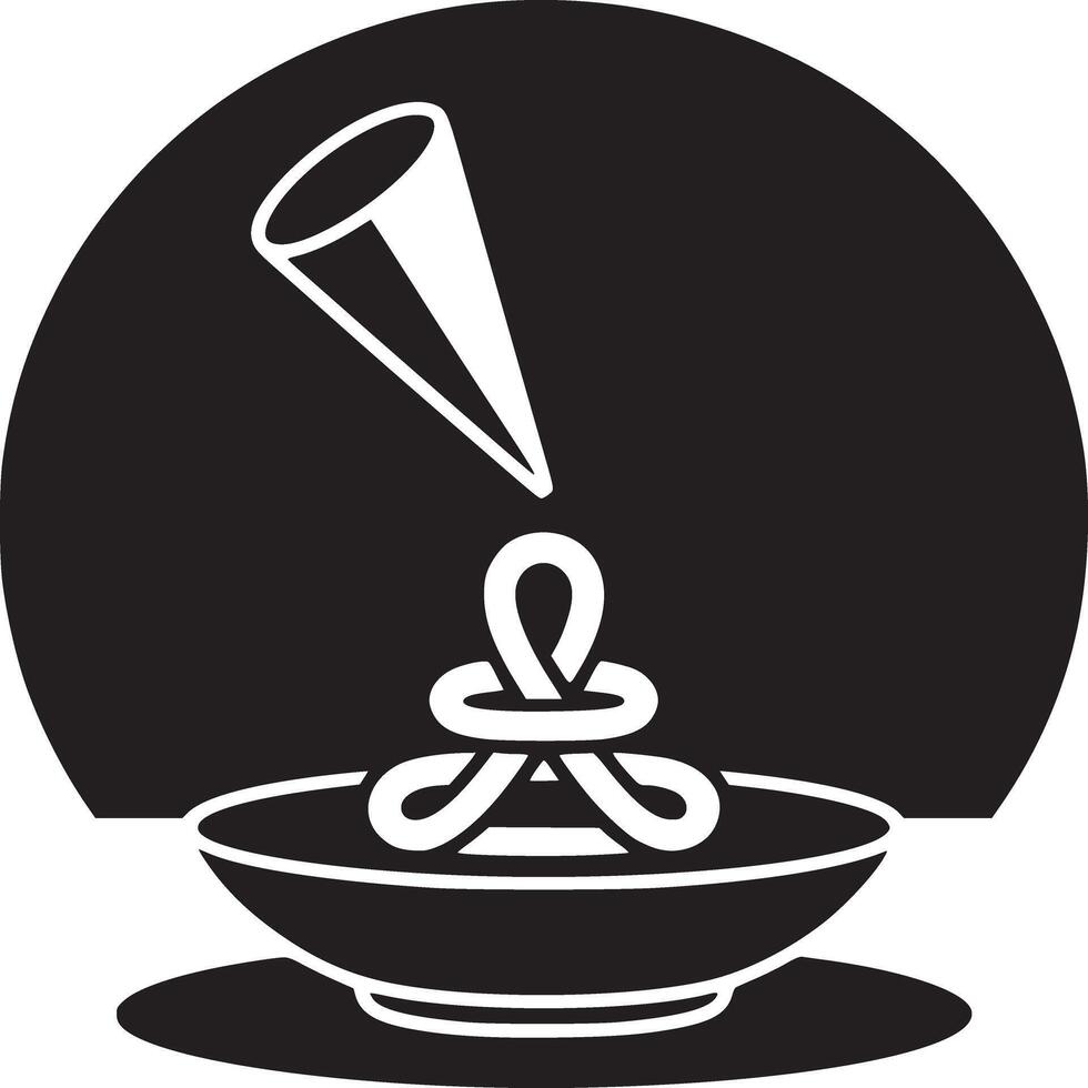 Black and white graphic of a cone above a bowl with a decorative design on a round background vector