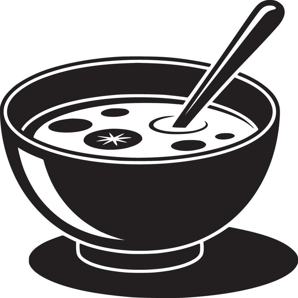 Monochrome illustration of a bowl of soup with a spoon on a white background close up view image vector