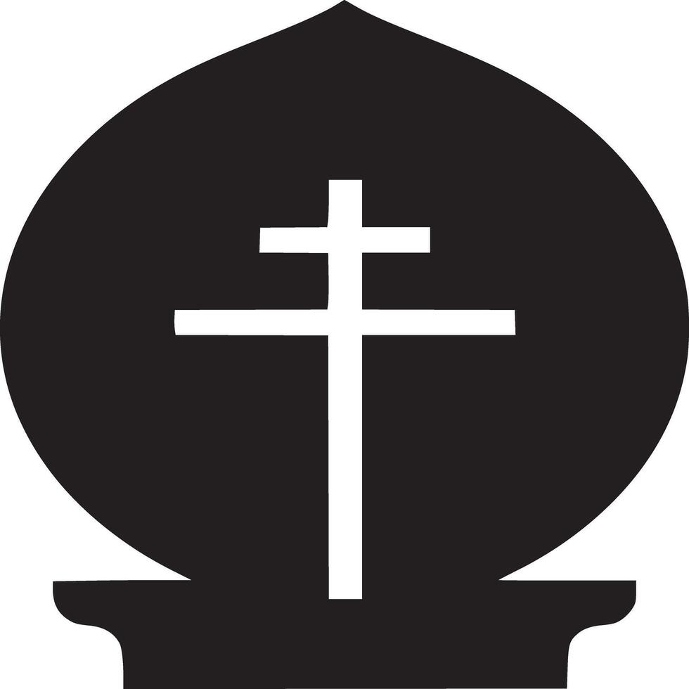 A black and white graphic of a mitre with a patriarchal cross on a white background in simple style vector