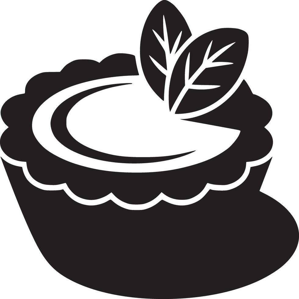 A black and white graphic of a pie with two leaves on top in a simple and modern style design vector