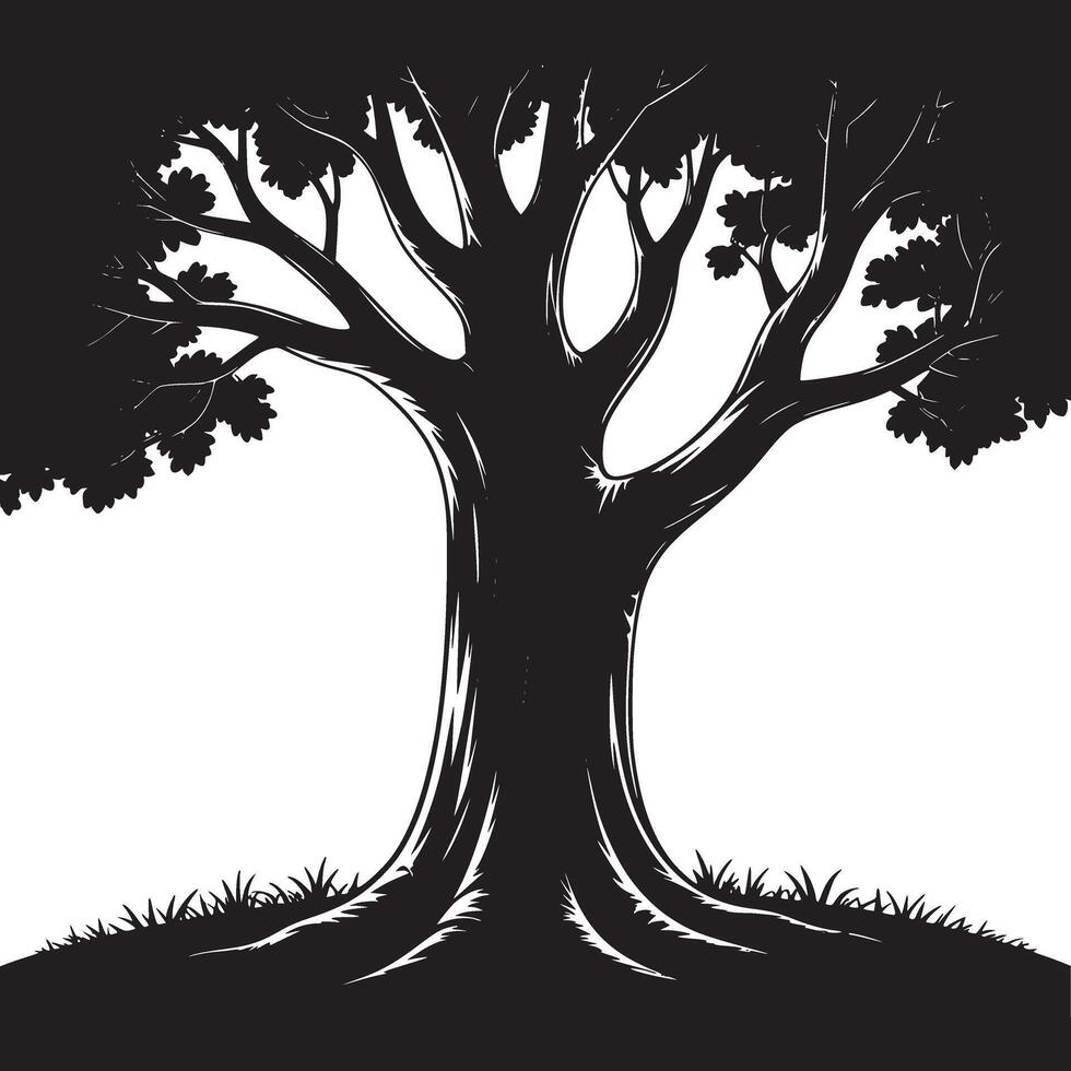 A stark black and white image of a large tree with a thick trunk and branches against a white background vector