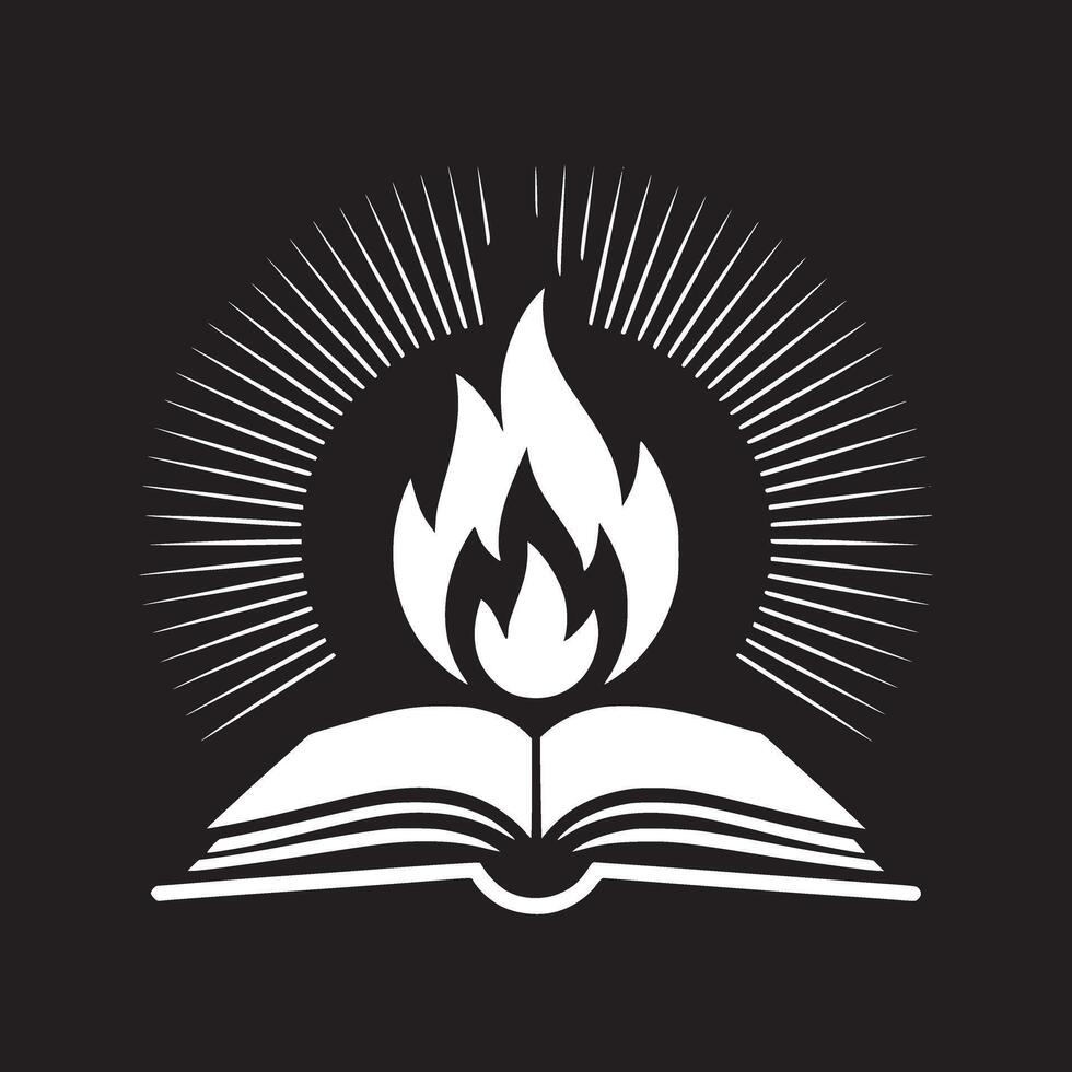 A white graphic of an open book with a flame above it and radiating lines on a black background vector