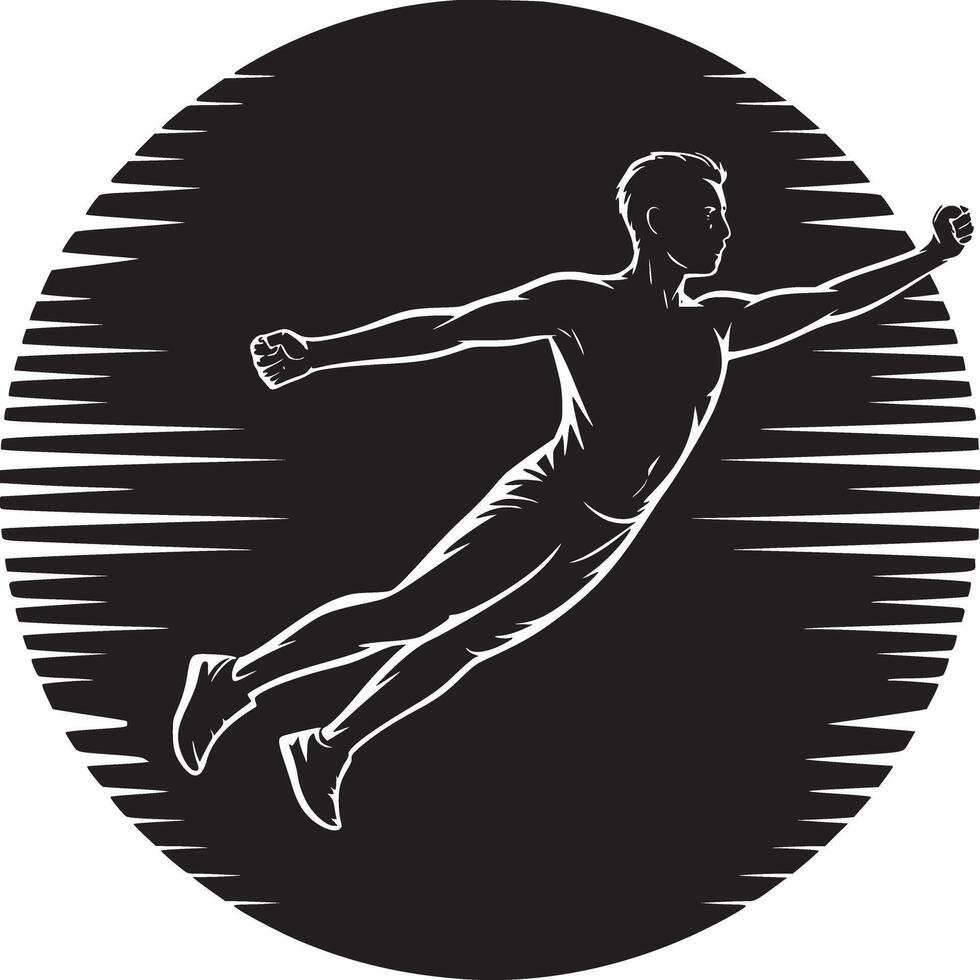 A stylized figure of a man flying in a black circle with horizontal white lines emanating from it vector