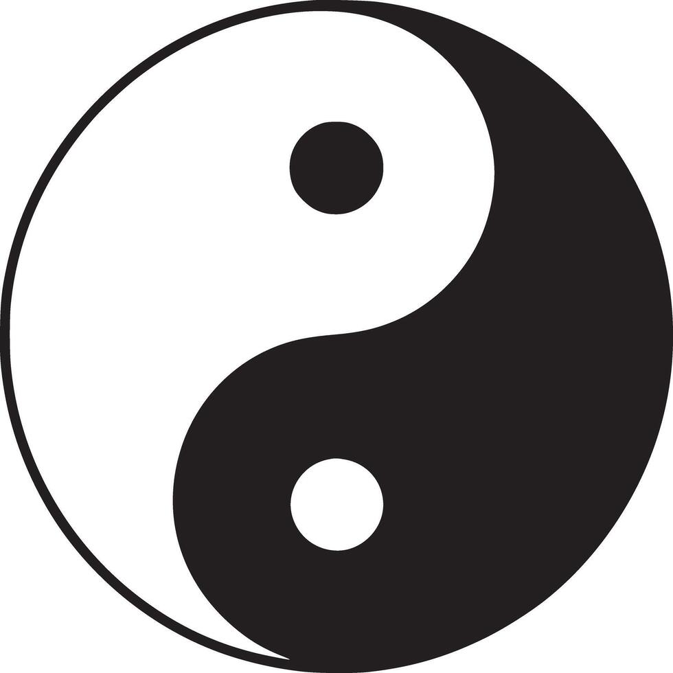 A black and white yin yang symbol with two small circles on a white background in a square format vector