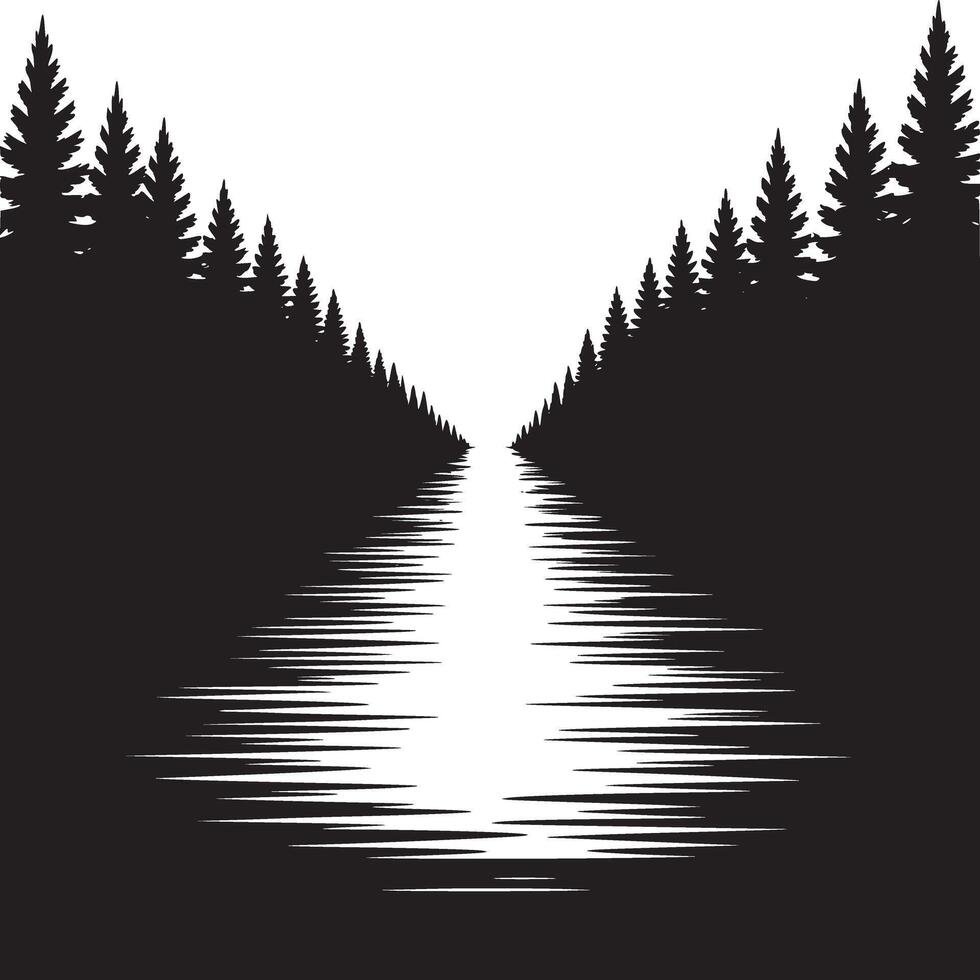 A monochrome landscape with coniferous trees lining a reflective path towards a bright horizon line vector