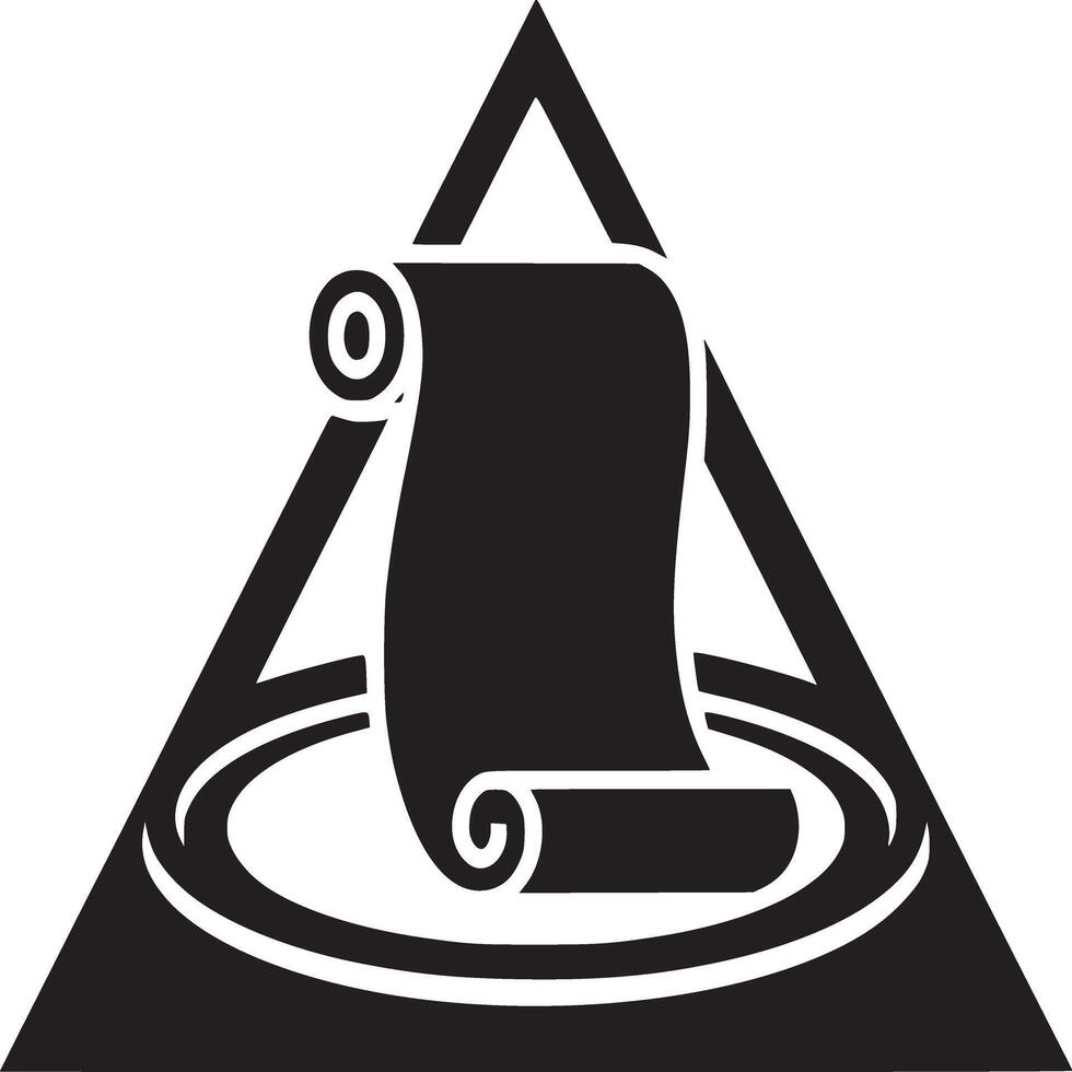 A black and white graphic illustration of a scroll inside a triangle shape on a white background vector