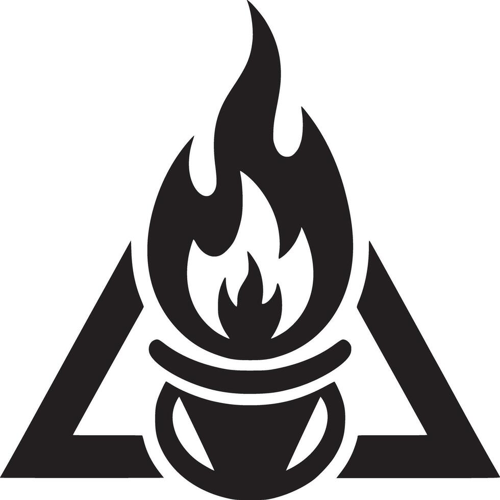 A black and white graphic of a flame above a cauldron inside of a triangle on a white background vector