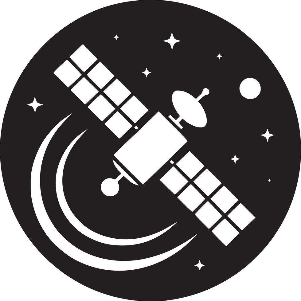 A black and white emblem of a satellite orbiting with stars and a planet in a circular design vector