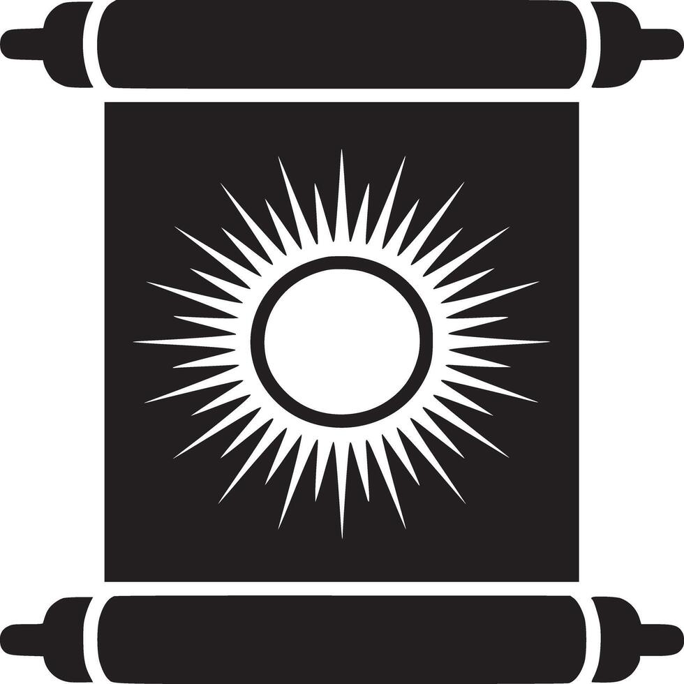 A black and white illustration of a scroll with a sunburst design on the paper section of the scroll vector