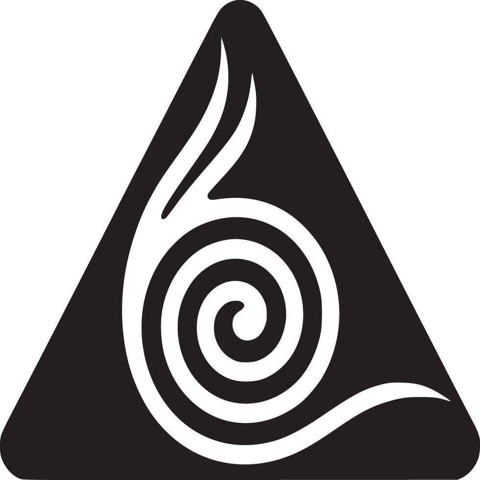A black triangle with a white spiral design and two curved lines on a white background simple design vector