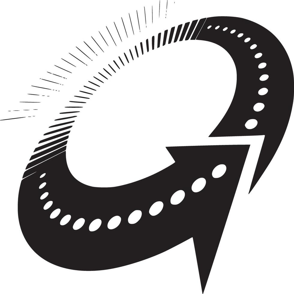 A black and white graphic of a circular arrow with lines and dots on a plain white background art vector