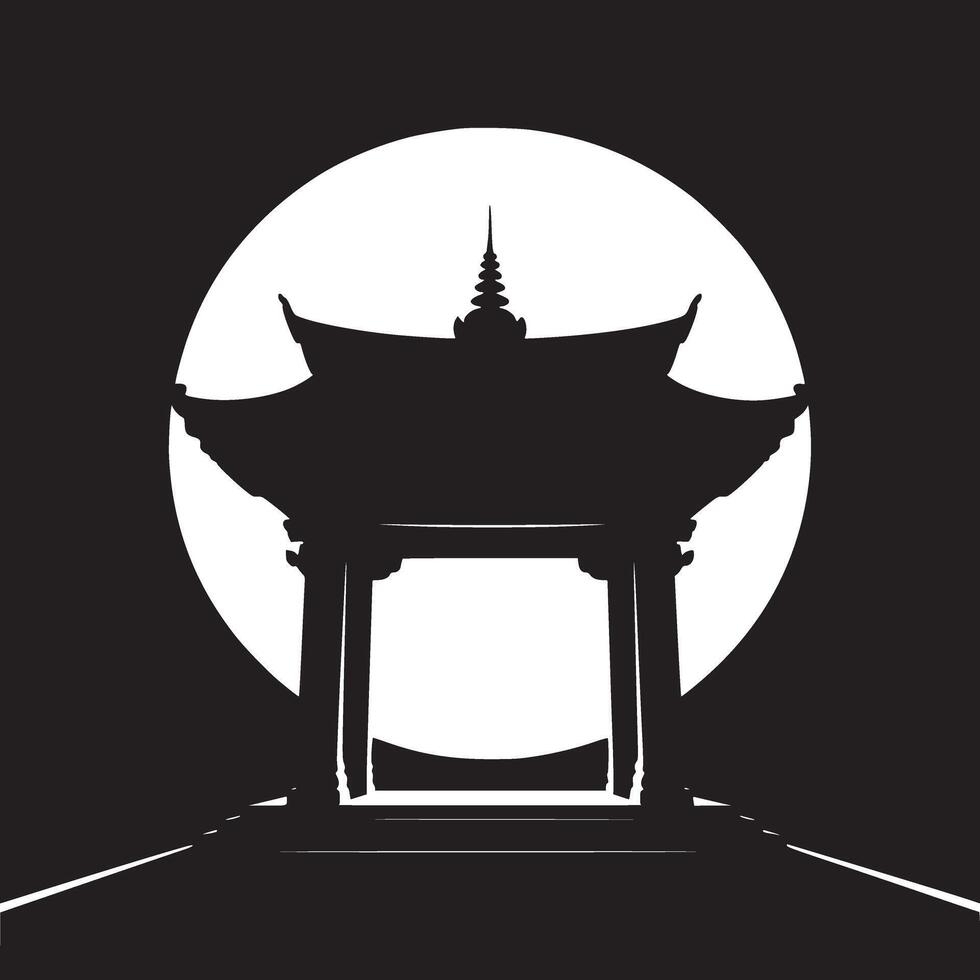 Silhouette of a pagoda structure against a bright full moon in a stark black and white image style vector