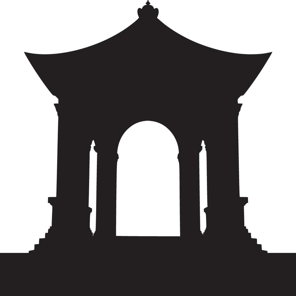 Silhouette of a pagoda like structure with stairs and columns against a white background space 100 vector