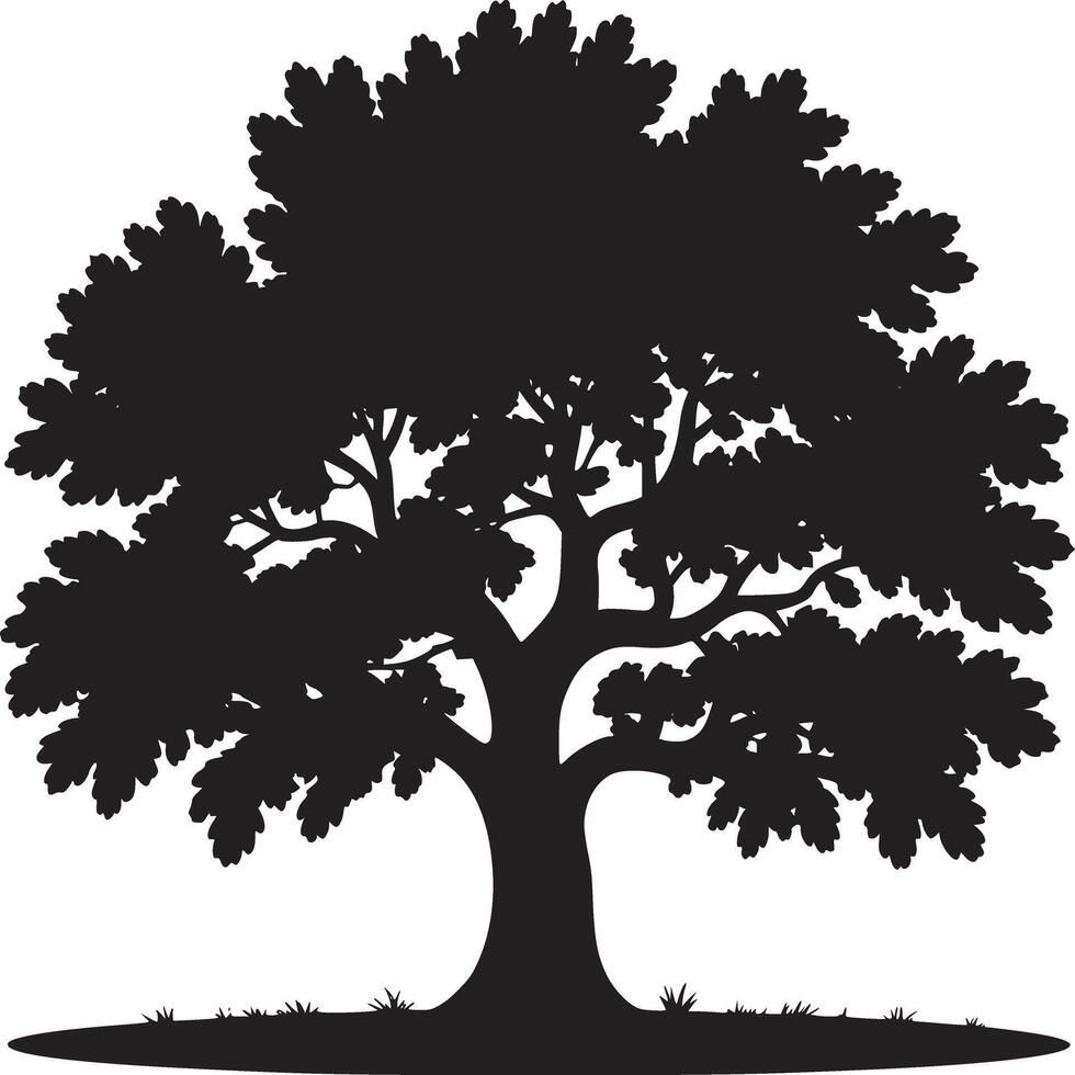 Silhouette of a large tree with dense foliage against a plain white background in a simple graphic style vector