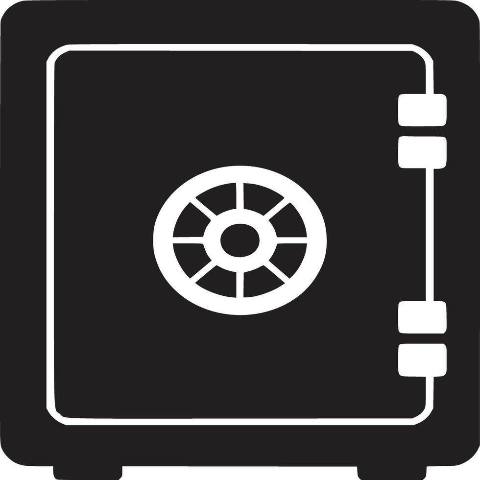 A black and white drawing of a safe with a combination lock on a white background in a simple style vector