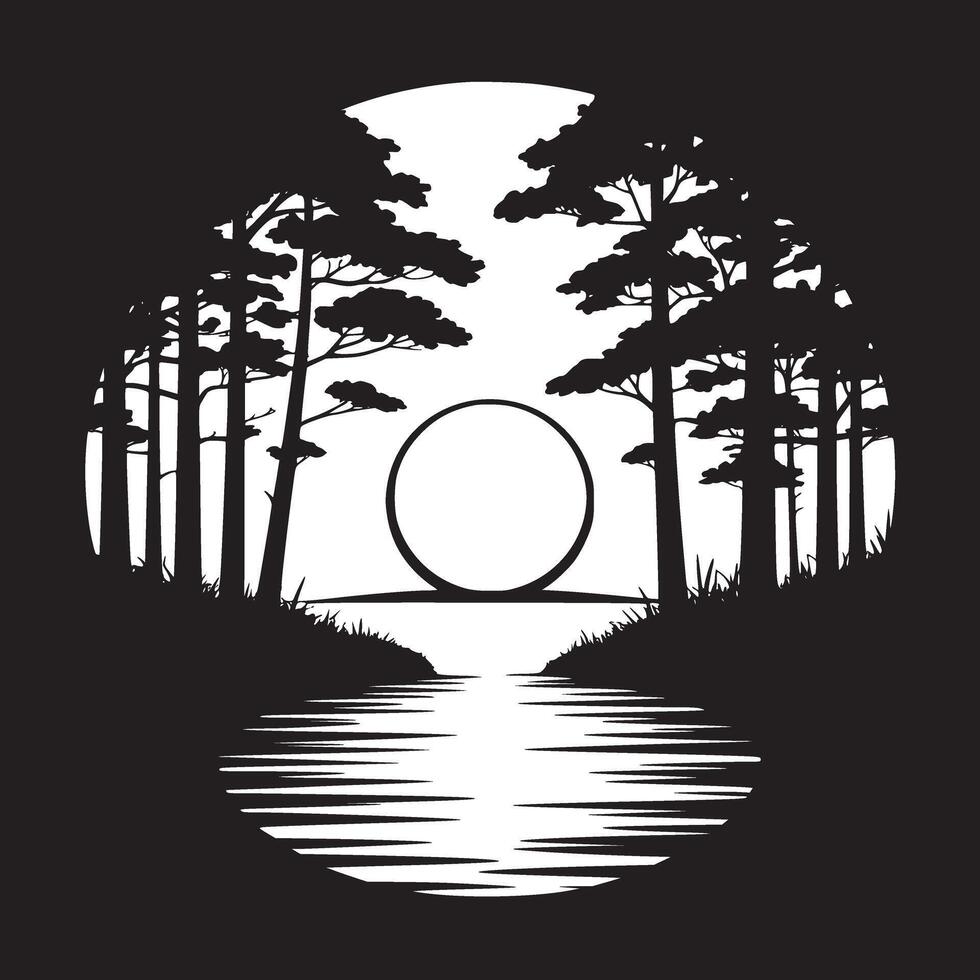 Silhouette of trees and a circle over water against a bright background in a circular composition vector