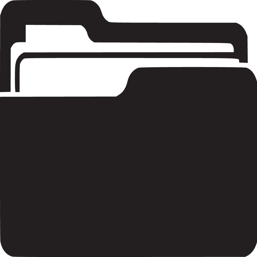A black folder icon with documents inside against a plain white background in a simple design vector