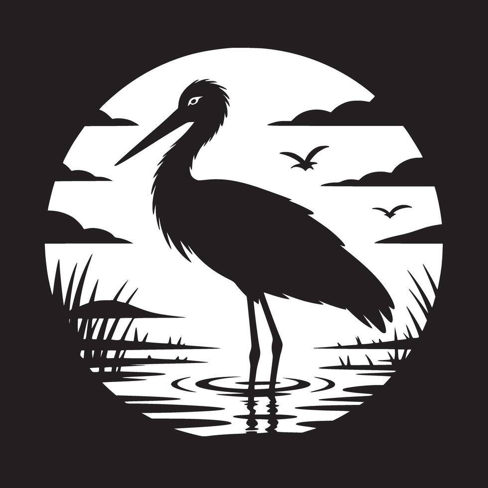 Silhouette of a heron standing in water under a cloudy sky within a circular black background vector