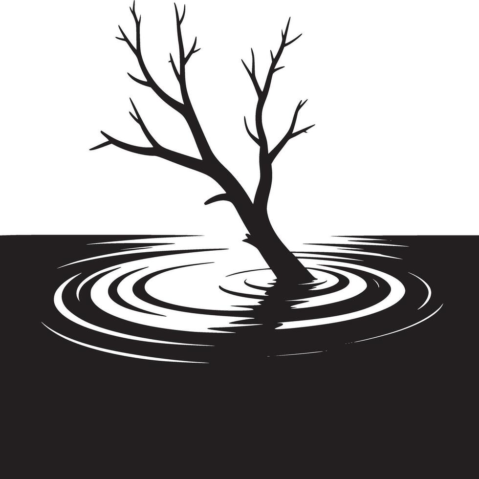 A stark silhouette of a tree emerging from dark water creating ripples in a minimalist monochrome scene vector