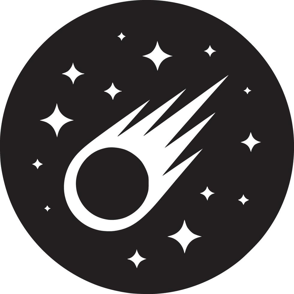 A black circle containing a white comet with a tail and several white stars scattered around it vector