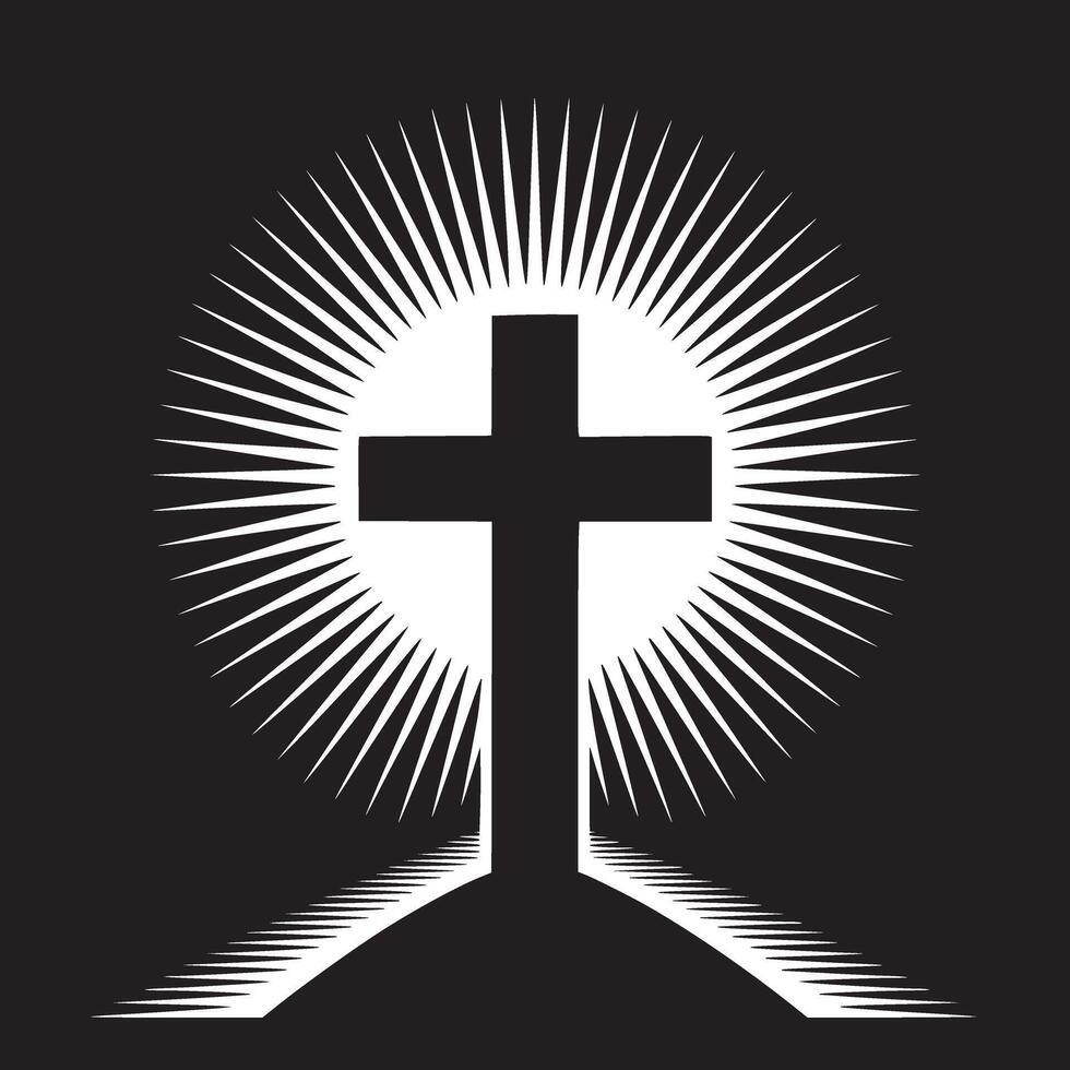 Black and white image of a christian cross with radiating light rays on a dark background design vector