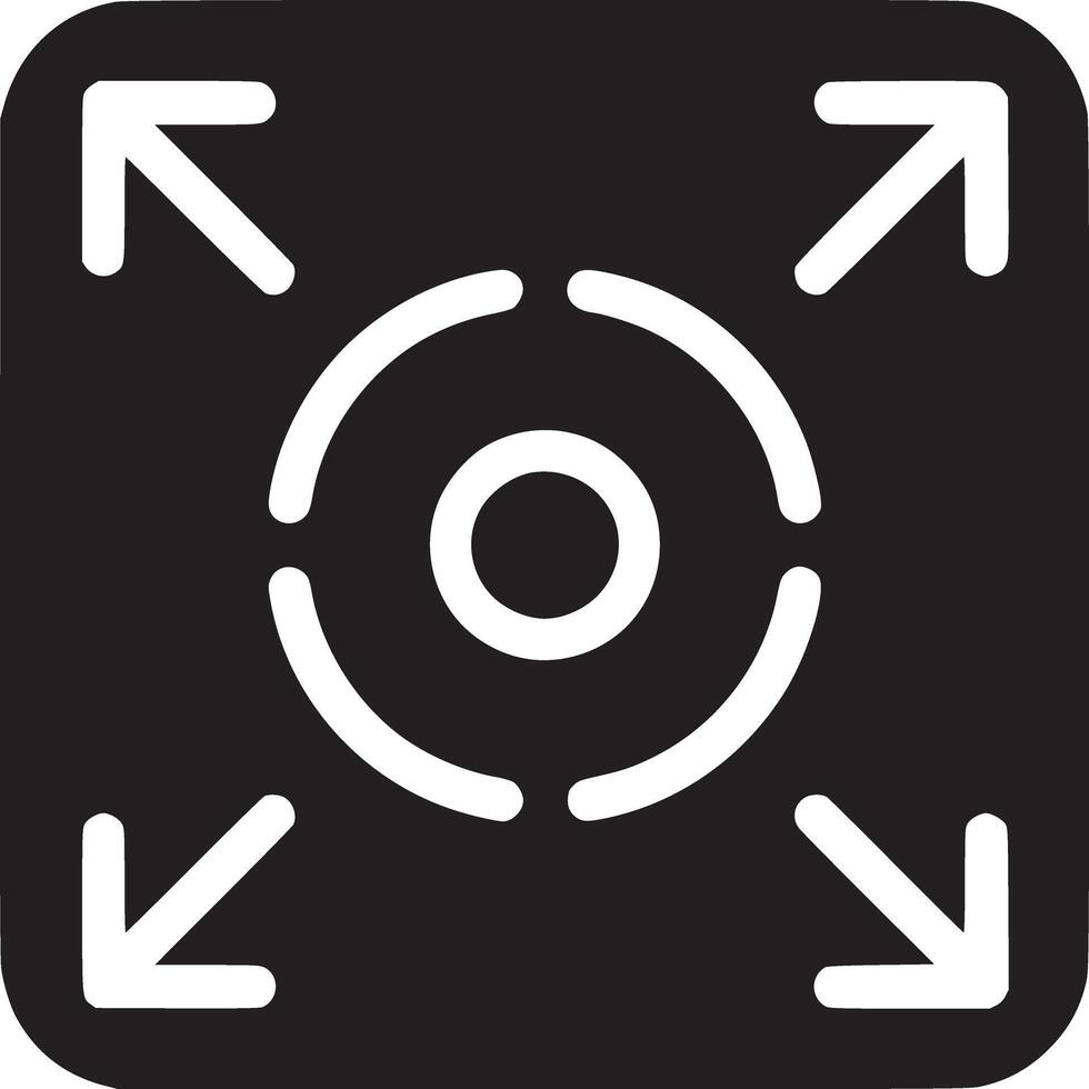Black square icon with white arrows pointing outward and a white circle with a dot inside it vector