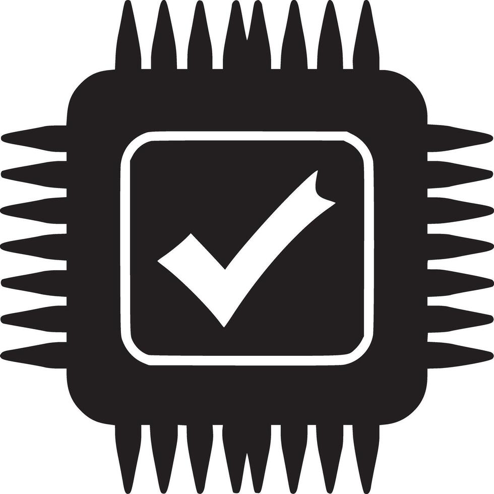 A black and white illustration of a processor with a checkmark in the center square icon vector