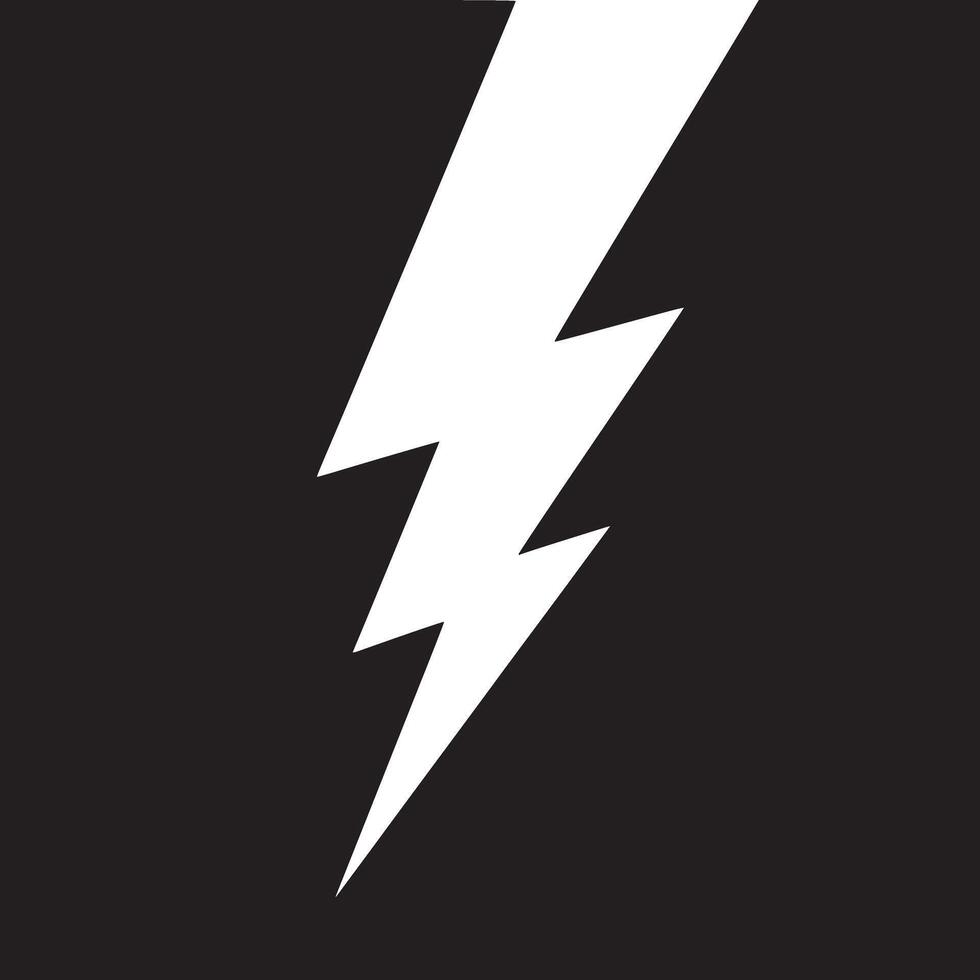 A stark image showcasing a bold white lightning bolt against a solid black background with sharp angles vector