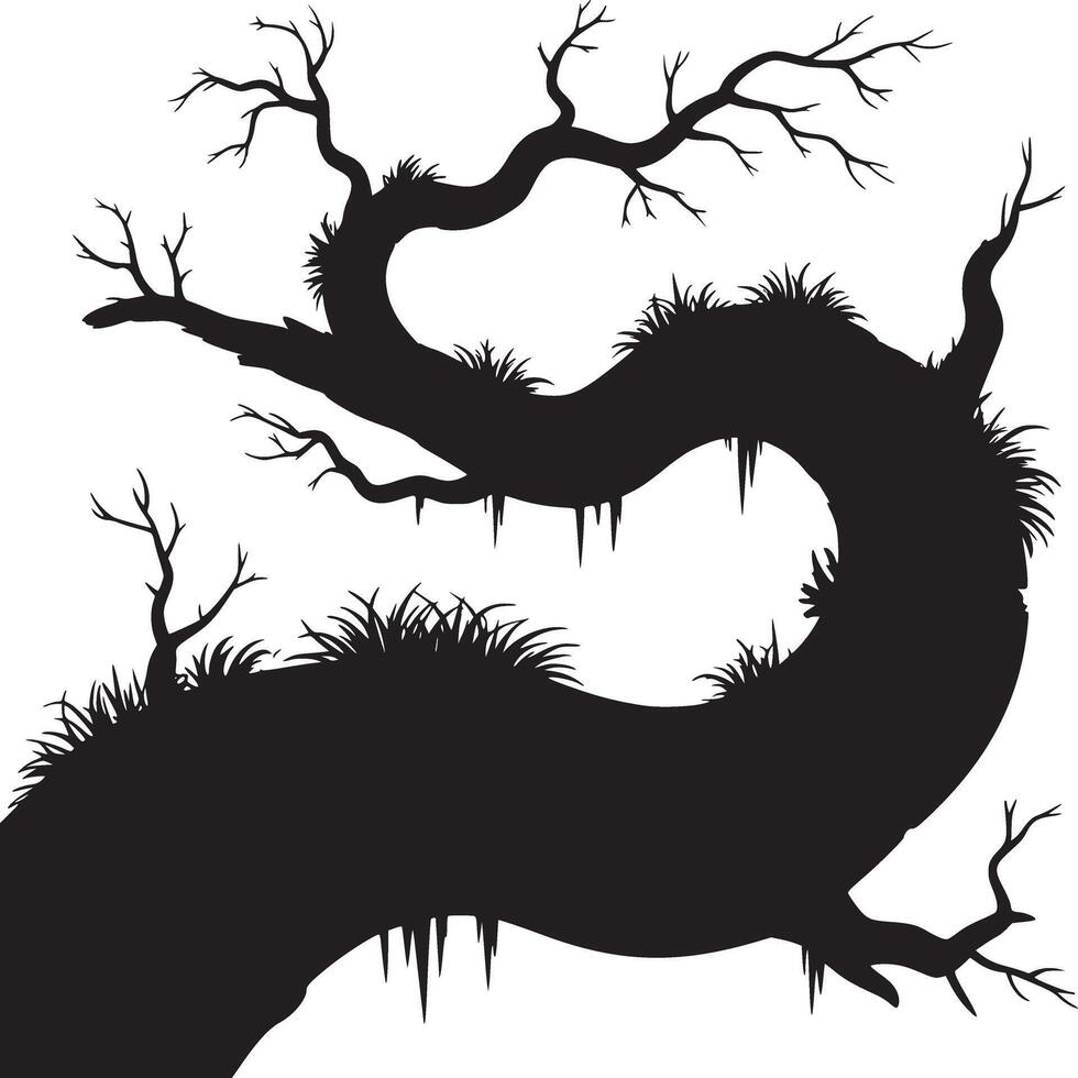 A silhouette of a twisted tree with bare branches and icicles on a white background in winter season vector