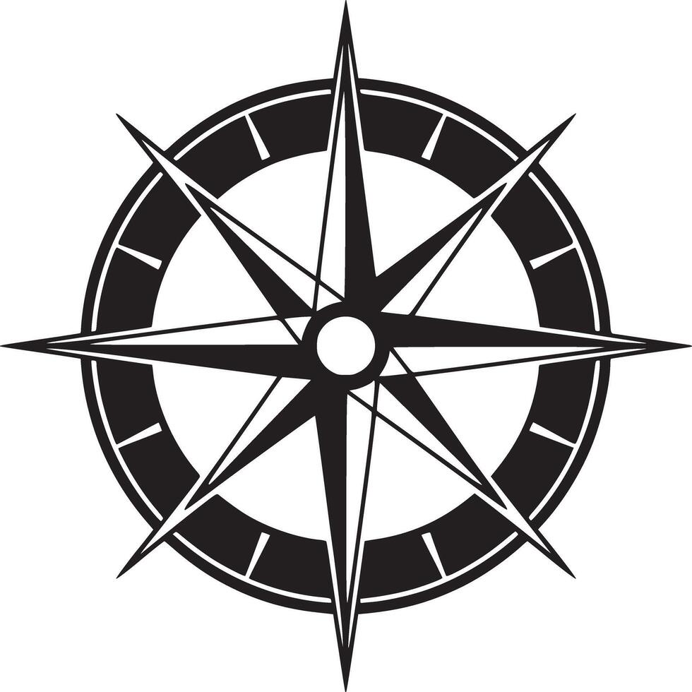 A black and white compass rose with eight points inside of a segmented circle on a white background vector
