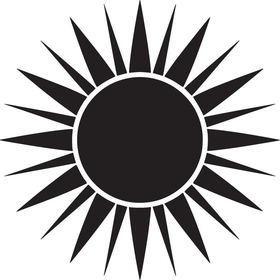 A stark black and white image of a sun with sharp rays emanating from a central circular form design vector