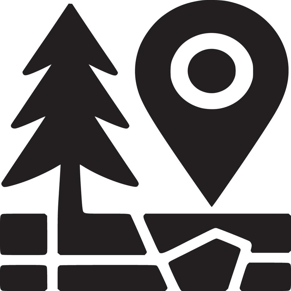 A black and white icon of a pine tree next to a map marker on a stylized terrain representation vector