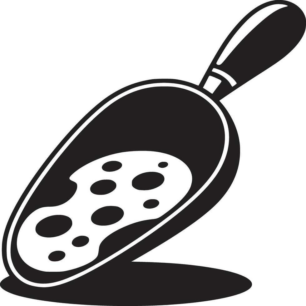 A black and white illustration of a scoop filled with a substance with circular indentations in it vector