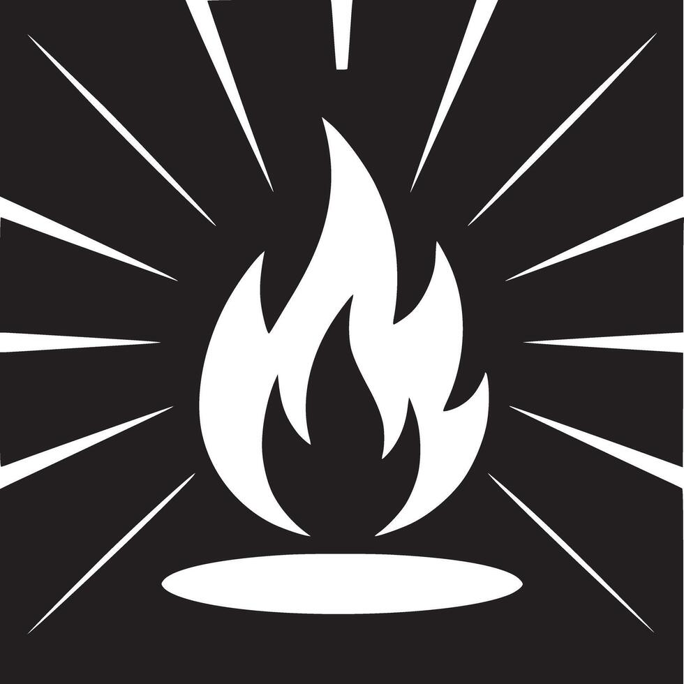 A stylized white flame with radiating lines on a black square background in a minimalist design vector
