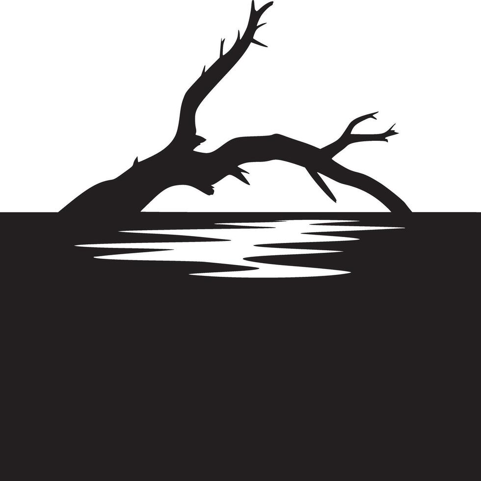 A stark monochrome image of a silhouetted tree branch over water against a white background space vector