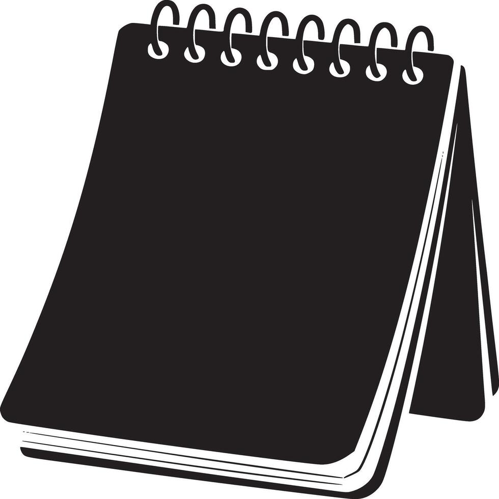 A black and white image of a spiral bound notebook standing on a white surface in a simple style vector