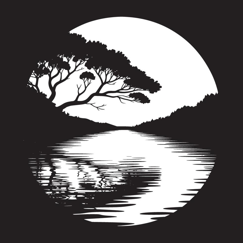 Silhouette of a tree over water with a large moon behind it in a circular black and white frame vector
