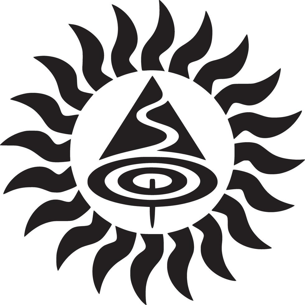 Black and white sun symbol with triangle and concentric circles in the center on a white background vector
