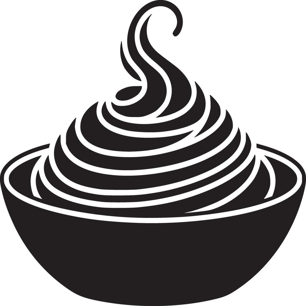 A black and white graphic of a bowl filled with a swirled topping with a curled peak on a white background vector
