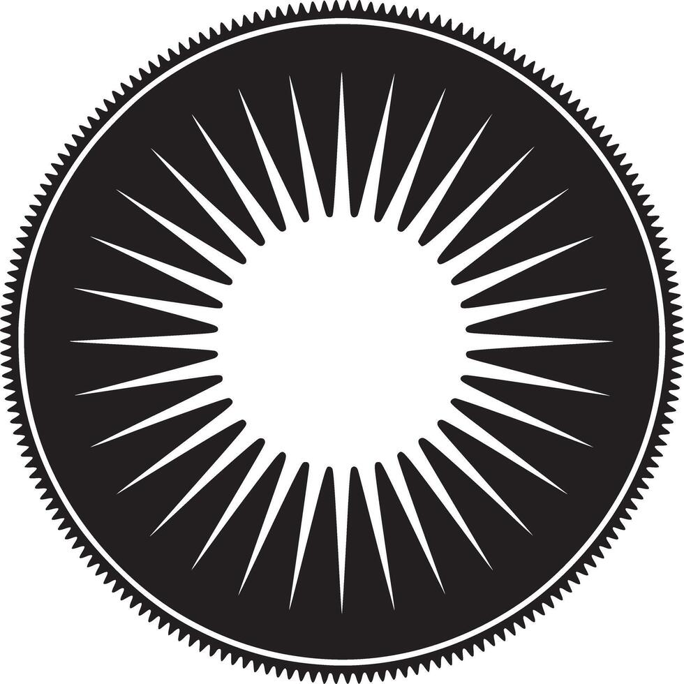 A black and white graphic design of a circular shape with radial lines and a jagged outer edge design vector