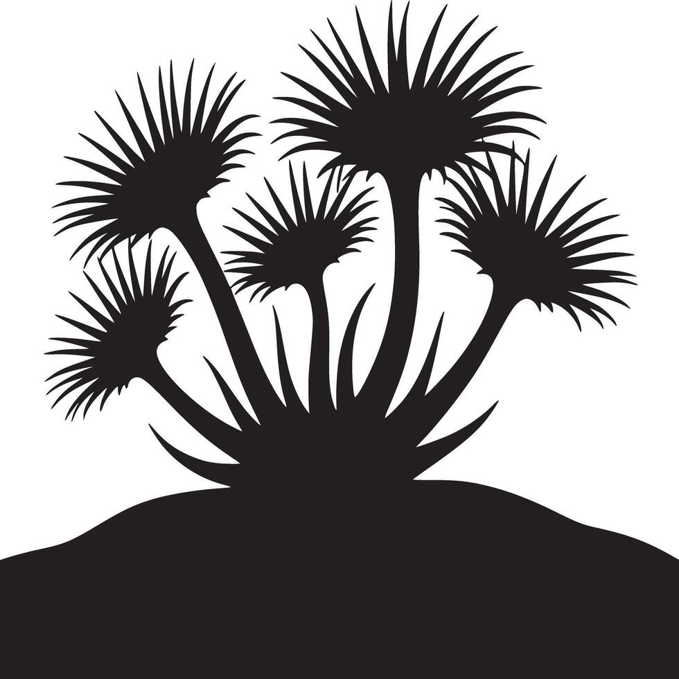 Silhouette of a group of fan palm trees growing on a hill with a white background in a simple design vector