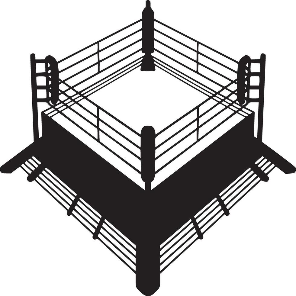 A stark black and white image of a boxing ring with ropes and corner posts casting a shadow below it vector
