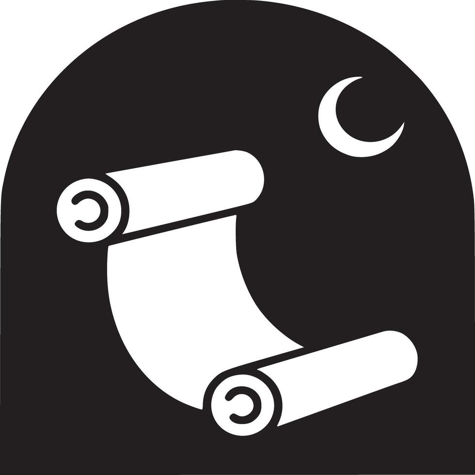 White scroll with crescent moon inside black archway shape in a minimalist illustration style vector