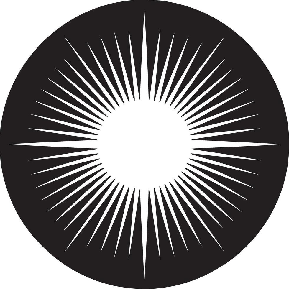 A black circle with white rays emanating from a central white circle on a white background image art vector