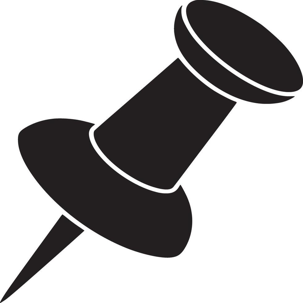A simple black and white illustration of a push pin with a sharp point on a light background vector