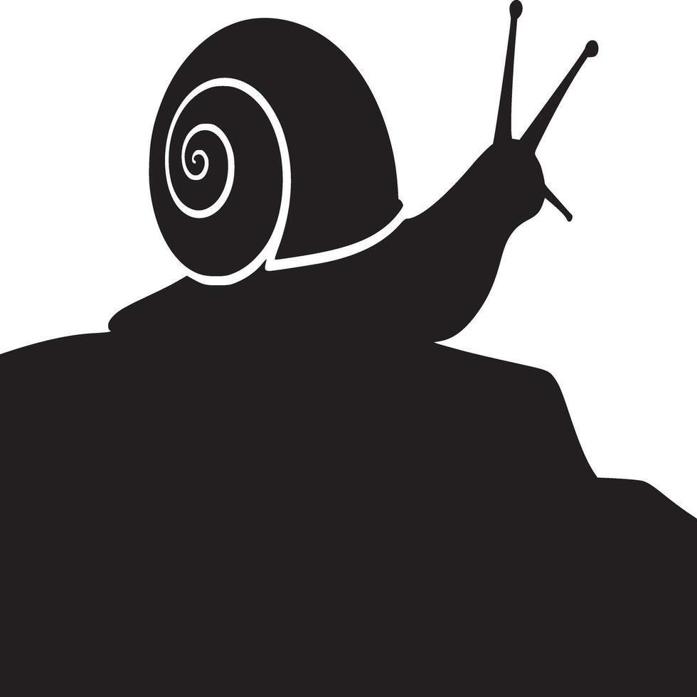 A black and white silhouette of a snail with its shell on a dark surface and white background vector
